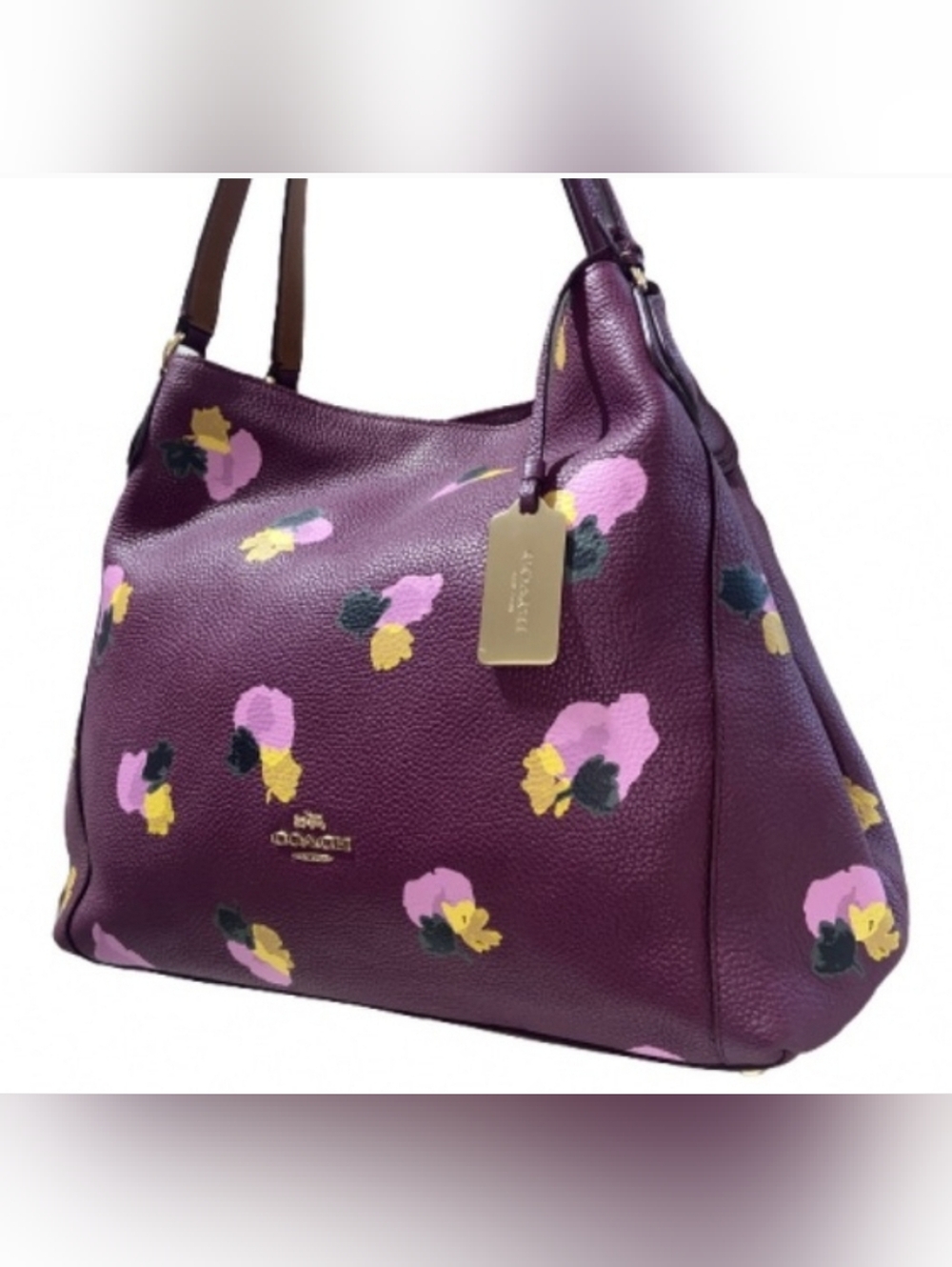 Coach Edie Shoulder Bag Floral Pebbled Leather Purple Multi - Picture 2 of 9